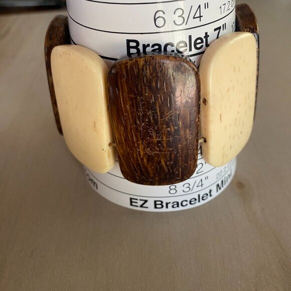 Vintage Brown Cream Chunky Cow Bone Panel Stretch Bracelet Boho Earthy Tribal - Picture 9 of 10